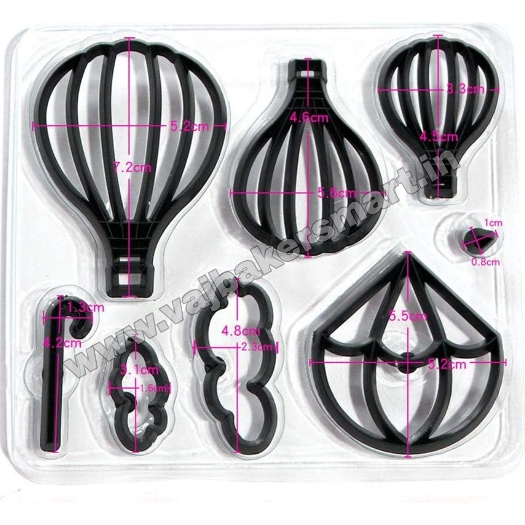 8 Pcs Black Hot Air Balloon, Clouds, Parachute Fondant Silhouette Cutter