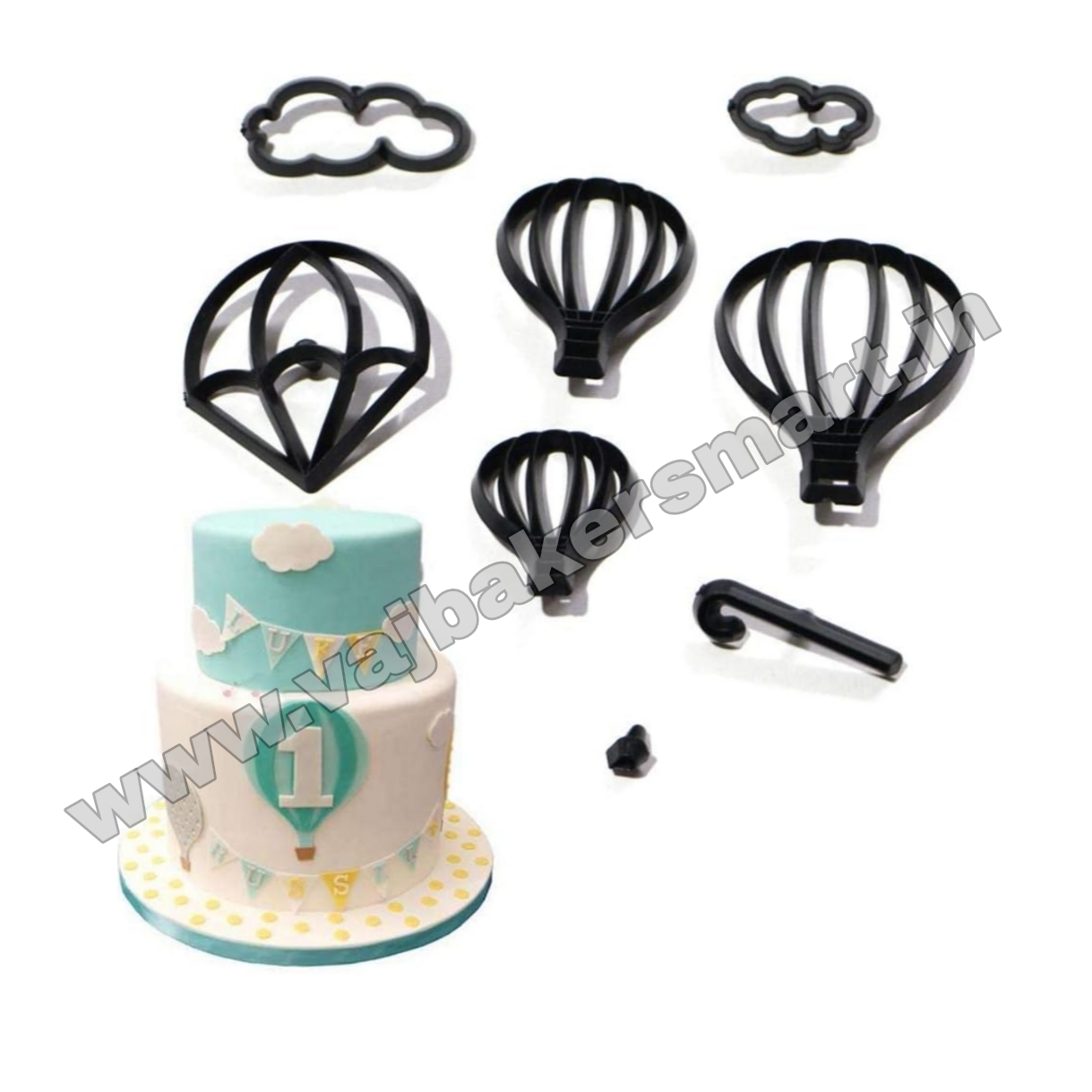8 Pcs Black Hot Air Balloon, Clouds, Parachute Fondant Silhouette Cutter