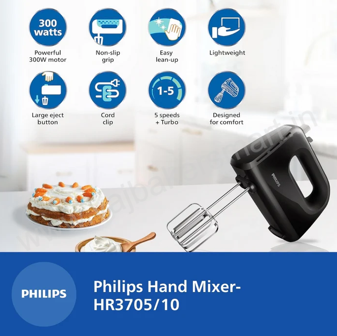 Philips Daily Hand Mixer Beater 300W 5 Speed Black - HR3705/10