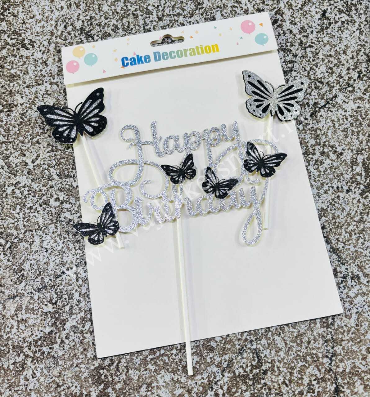 BTS2 Black & Silver Glitter HBD Topper with 3 Butterflies
