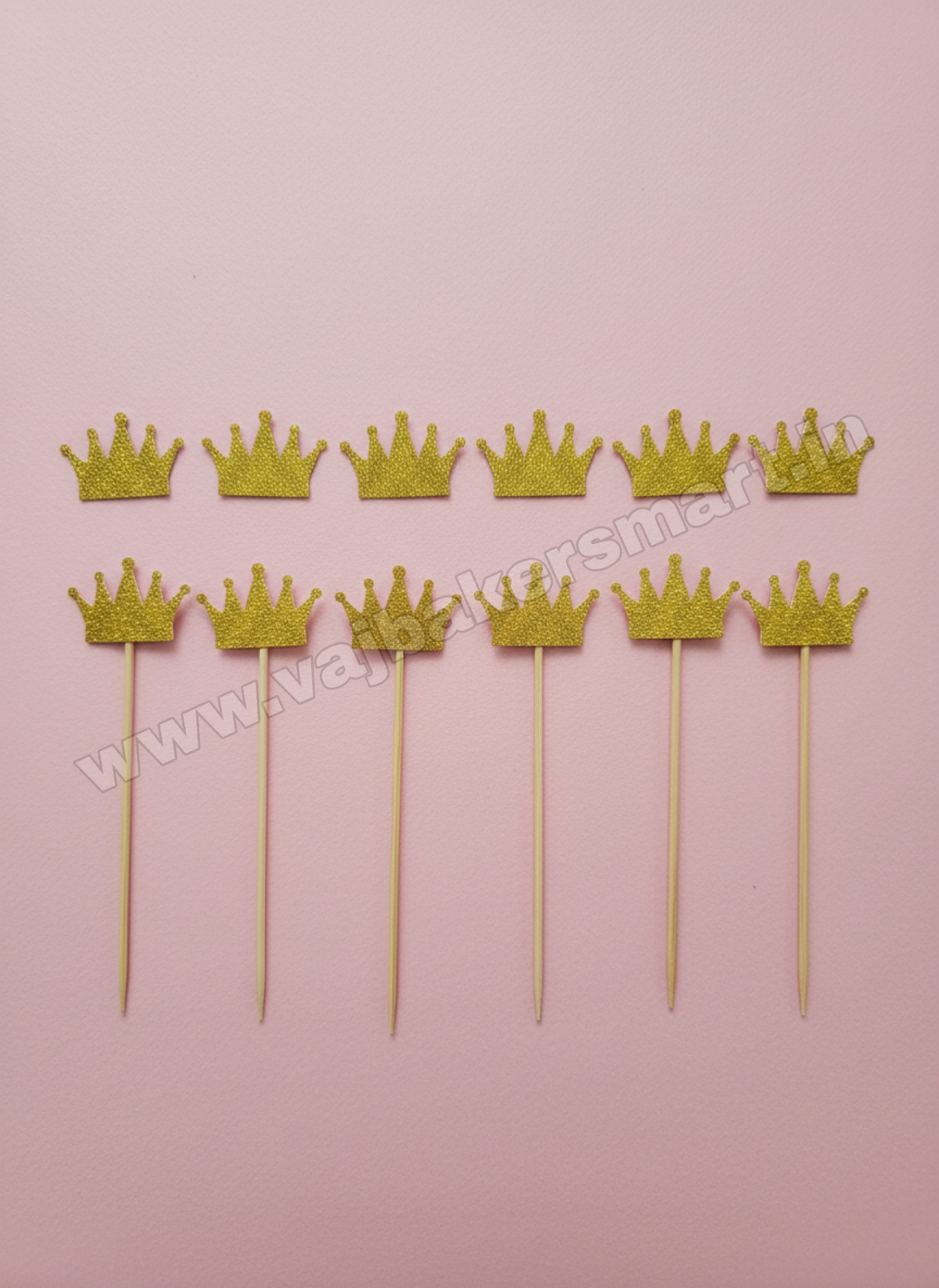 Crown Gold Glitter Paper Topper with Stick (Pack of 10)