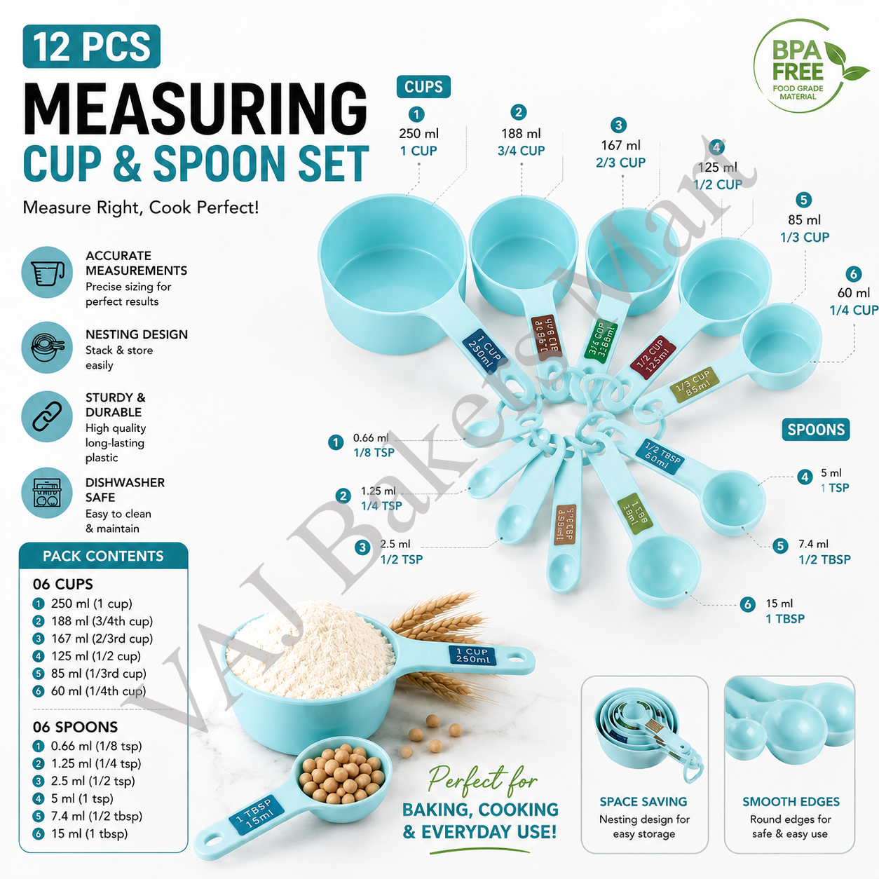 250ml Measuring Cup and Spoon Set (12 Pcs Set)
