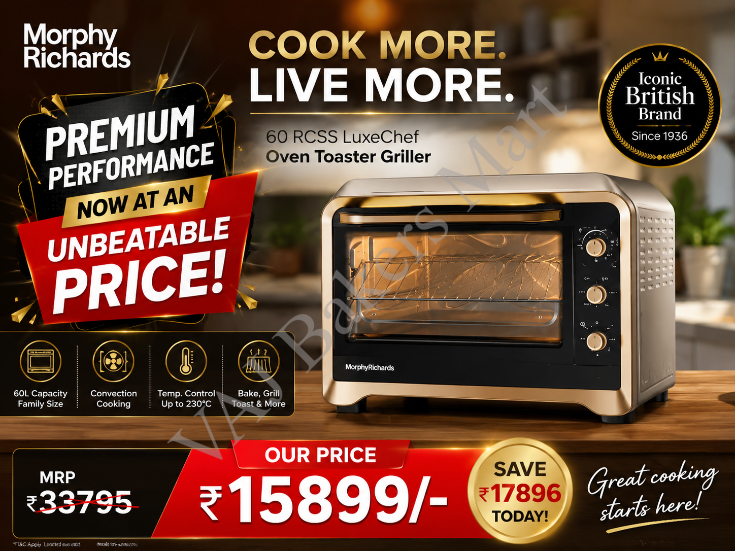 Morphy Richards 60RCSS Luxe Chef OTG | Convection and Rotisserie Function | Large Capacity 60L | Gold | 2 Year Product Warranty